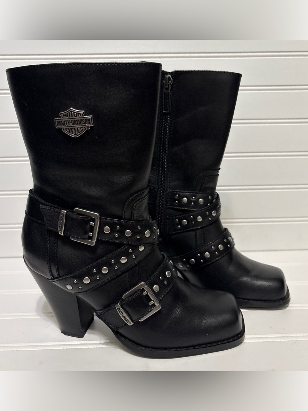 HARLEY DAVIDSON Obsession Black Leather Harness Stud Ankle Boots Womens Size 5.5